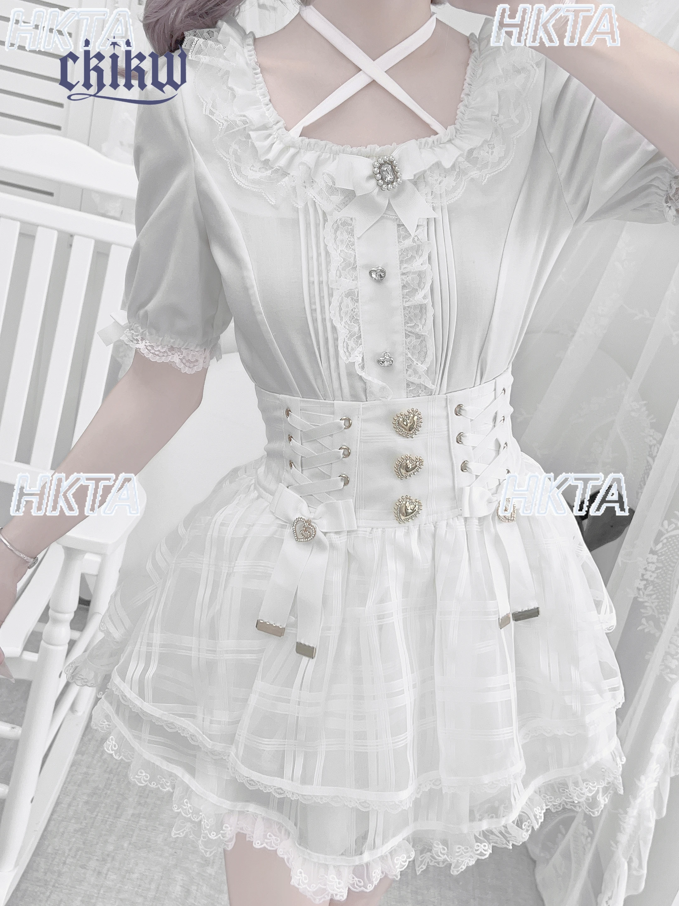 

Japanese Style Subculture Cross Strap Lace Neck Square Collar Lolita Shirt Women Sweet and Cute Summer Slim Lace White Blouses