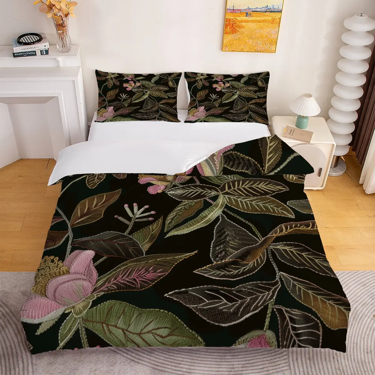 Pink bow  Down duvet cover large size  Green leaves  Modern trend of printed bedding