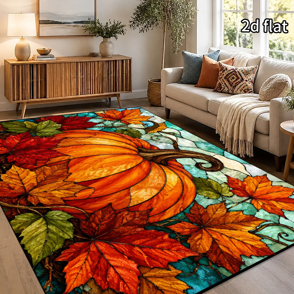 Stained Glass Pumpkin Autumn Harvest-Themed Rug, Rich Autumn maple leaf Mosaic Art Print Floor Mat, Suitable for Indoor Home Décor with a Seasonal Feel.