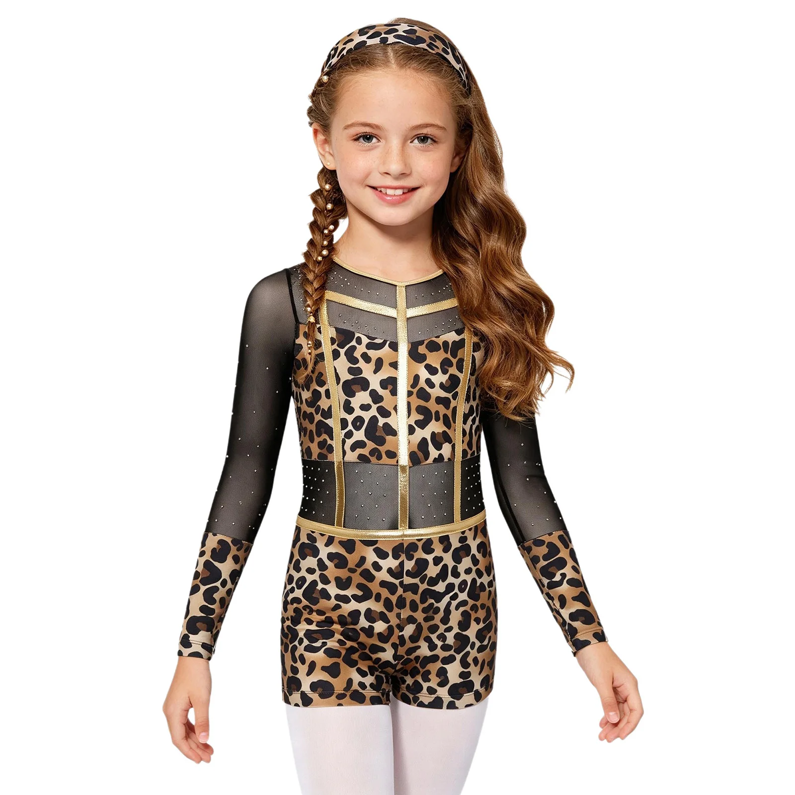Kinder Mädchen Strass Leopardenmuster Jumpsuit für Ballett, Halloween Höhlenmenschen-Kostüm, Reißverschluss Metallic-Besatz Bodysuit – Detail 3