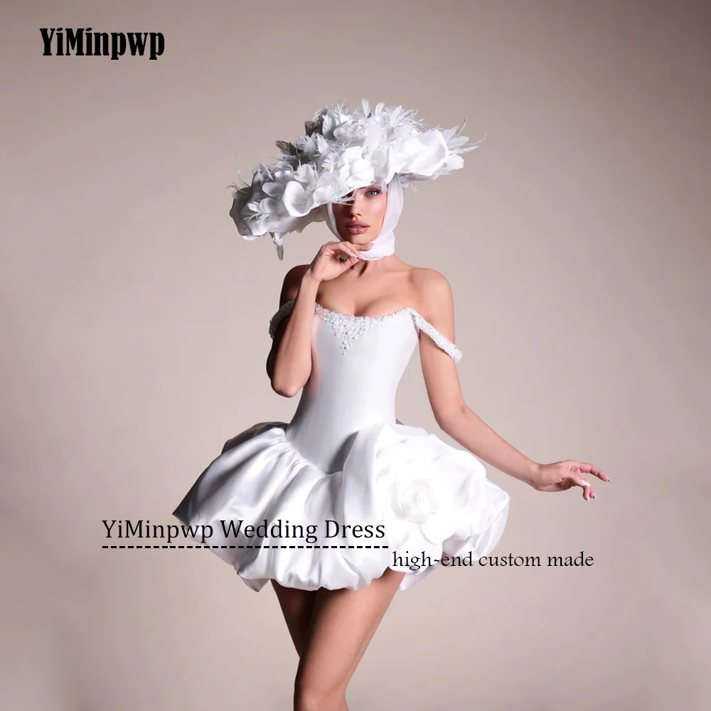 Bloemen Satijn Kralen Trouwjurken Off Schouder A-lijn Mini Bruidsjurken Voor Vrouwen Aangepaste Boven De Knie Robe De Mariée 2025