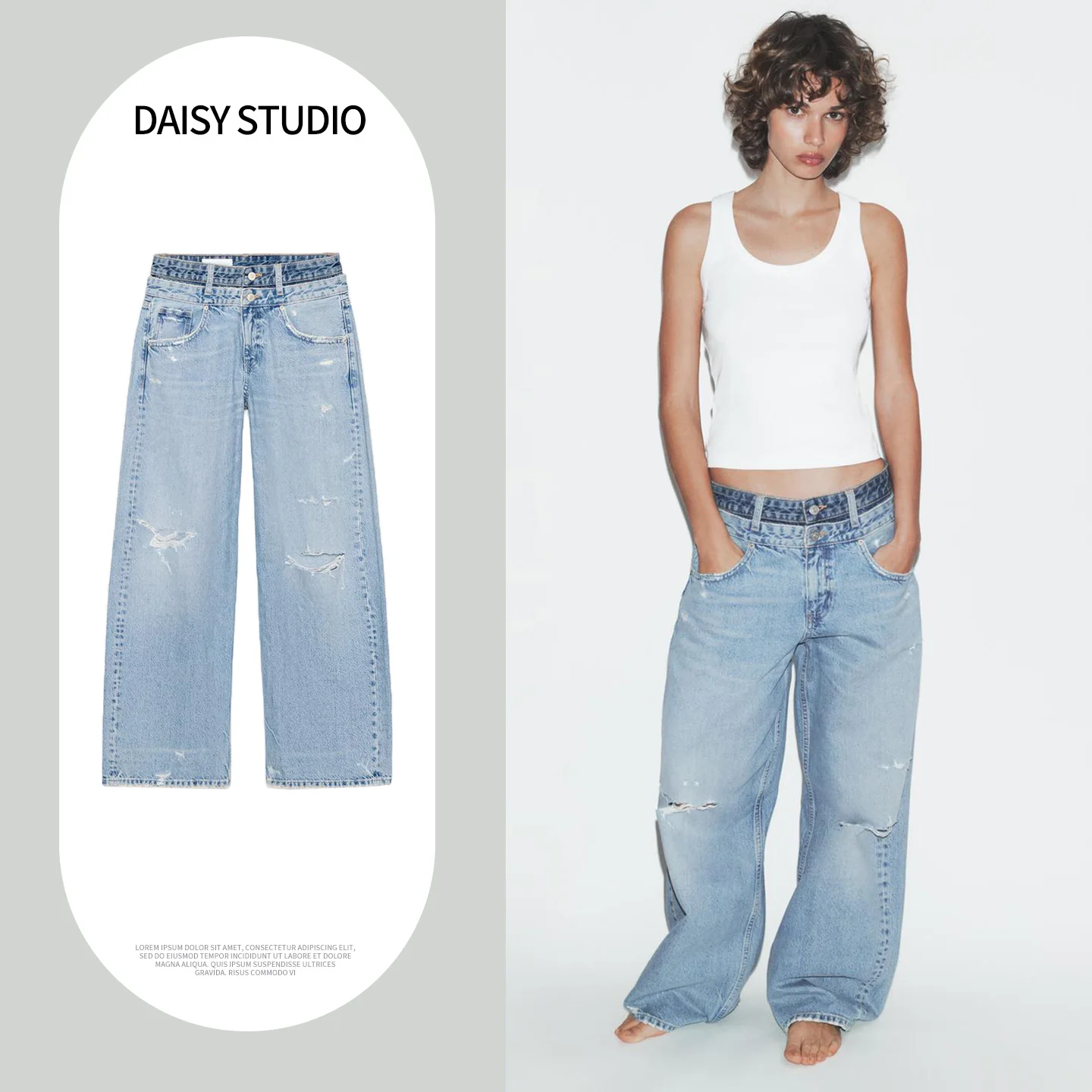 

Spring New Women's Commuter Sle Decorative Hole Double Layer Casual mid Waist Straight Leg Jeans Straight Leg Denim Pants