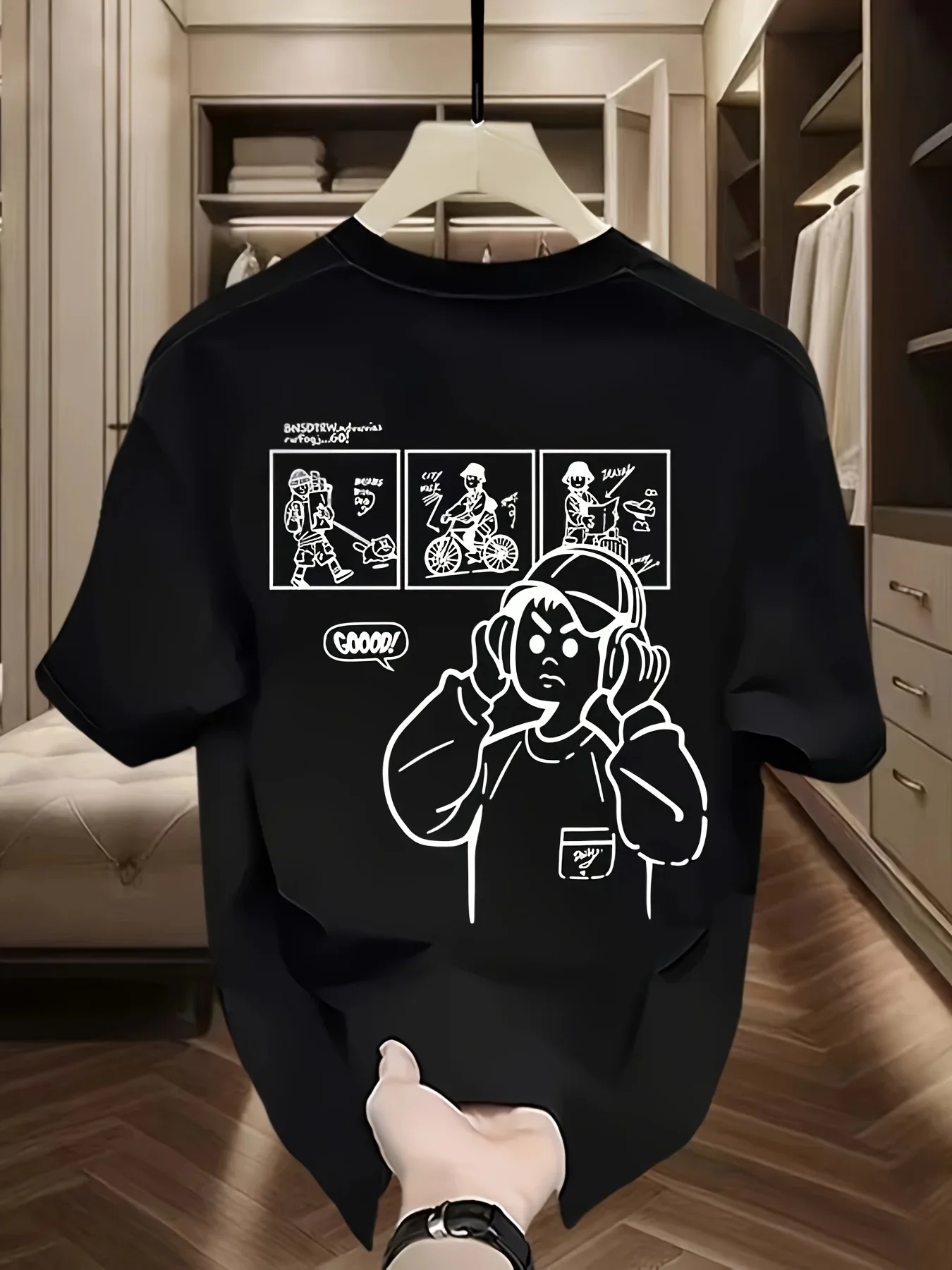 Men's Minimal Black White Oversized T Shirt Comic Strip Headphone Boy Sketch Print 100% Cotton Casual Hip Hop Summer Tee