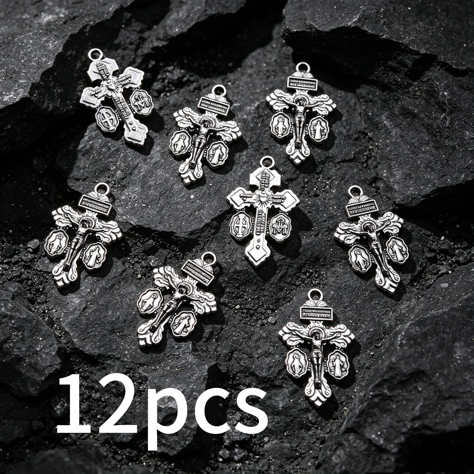 12 Pieces of Vintage Patterned Cross Pendants, Double-Sided Three-Dimensional Engraved Patterned Cross Pendants, Suitable for DIY Bracelets, Necklaces, and Earrings, Vintage Heavy-Duty Handmade Beaded Jewelry Accessories