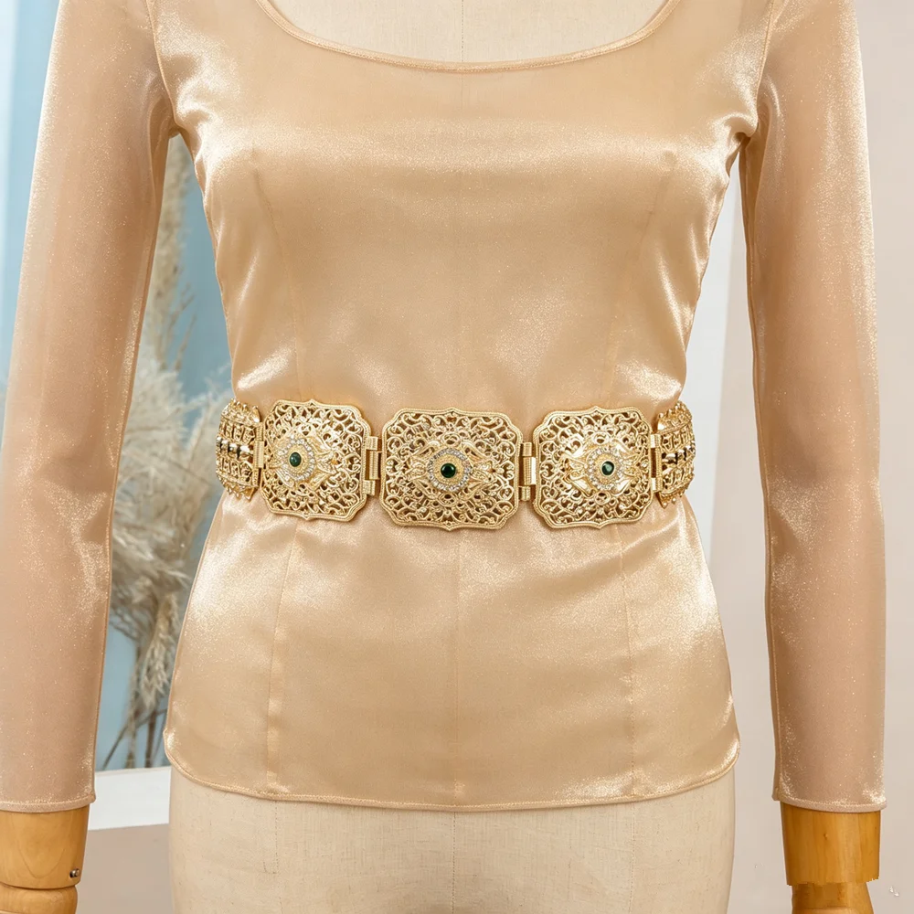 Gold Hollow Out Crystal Waist Belt, Women Square Buckle Cinch Belt, Middle East Wedding Dress Accessories