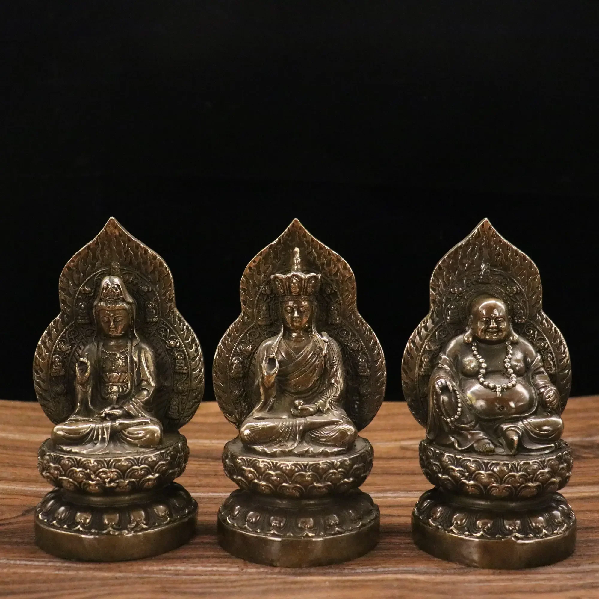 

8"Xizang Folk Collection Old Bronze Three Saints of the West Guanyin Maitreya Ksitigarbha Back light Sitting Buddha set