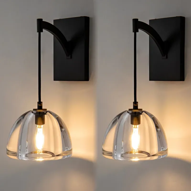 Modern Matte Black Wall Sconce with K9 Crystal Dome Glass Shade Curved Arm LED Light for Bedroom Bedside Fireplace Decor K9