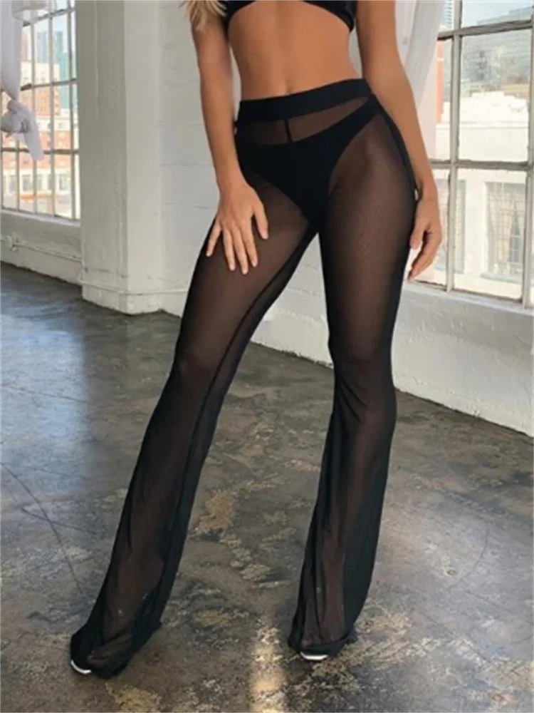 Hot Sexy Ruffle Women Beach Mesh Pants Sheer Leg Pants Transparent See through Cover Up Bikini Trouser Pantalon