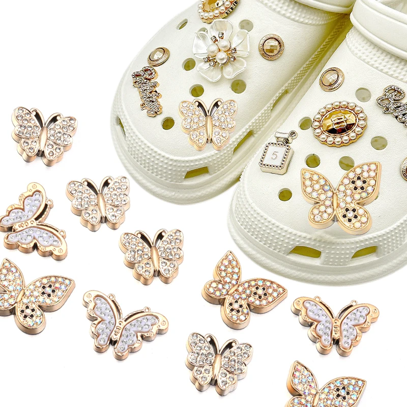 

10pcs/lot Gold Butterfly Acrylic Charms Detachable Rhinestone Shoe Flower Women Design Ornaments For DIY Girls Shoes Decoration