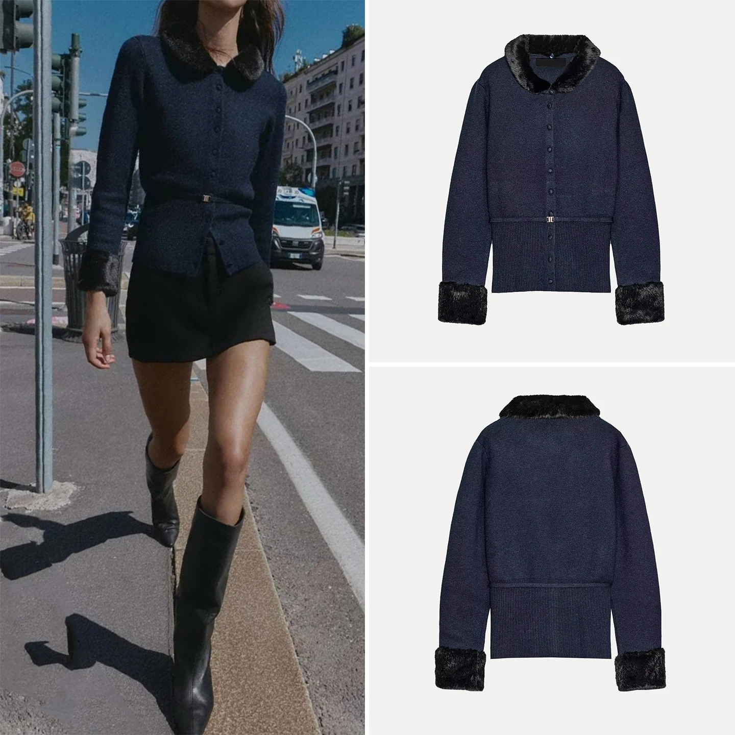 

Faionable Artificial Fur Spliced Knitted Outerwear Z Women's Long Sve Cardigan Sle Autumn Collection 2025