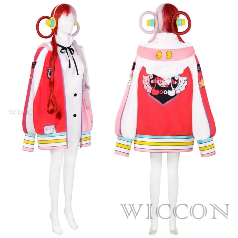 Anime One Peace Costume Cosplay Film Uta Cosplay Kid Adulti Parrucca rossa Cappotto uniforme Auricolare Festa di carnevale Natale Set completo