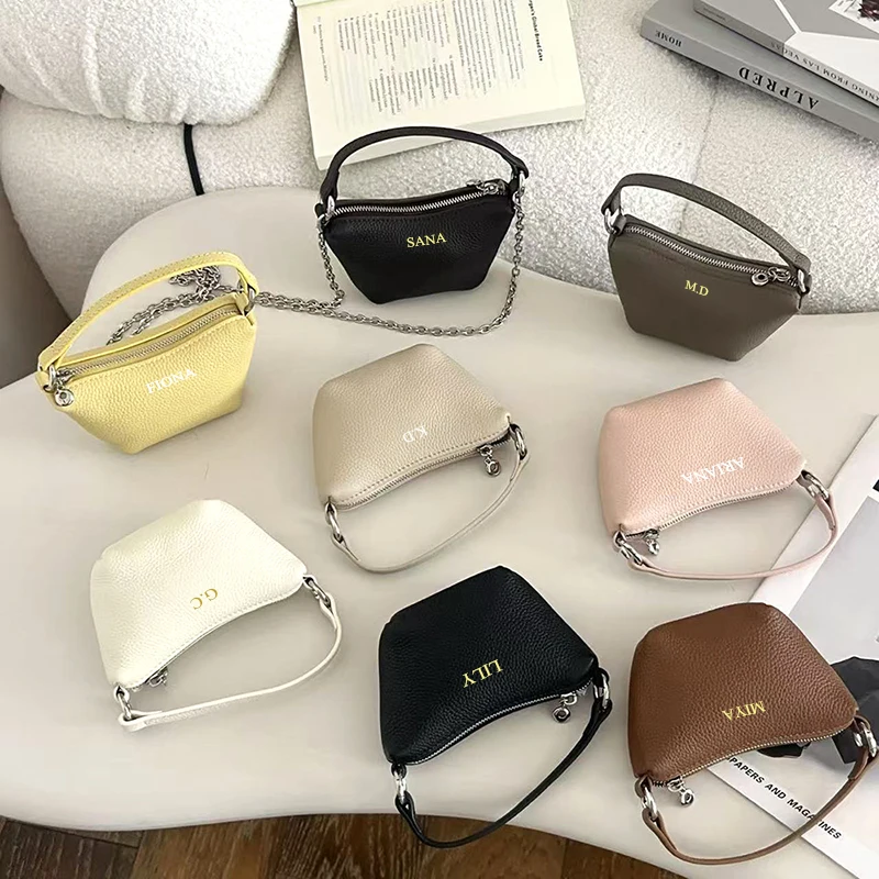 Engrave Initials Luxury Woman Handbag Cowhide Fashion Simple Crossbody Bag Genuine Leather Mini Zip Earphone Coin Purse Wallet view 2