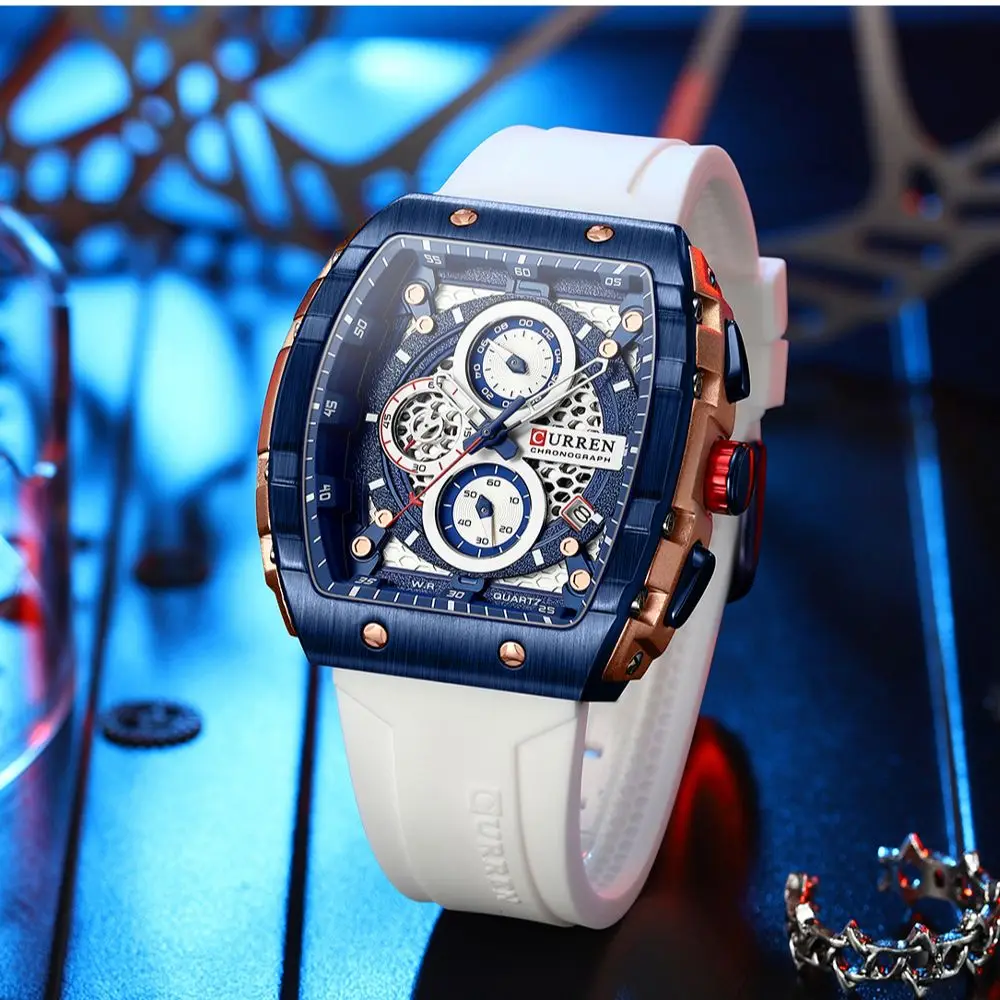 CURREN New Rectangular Hollow Design Quartz Wristwatches Chrongraph and Auto Date Watches Sports Silicone Strap