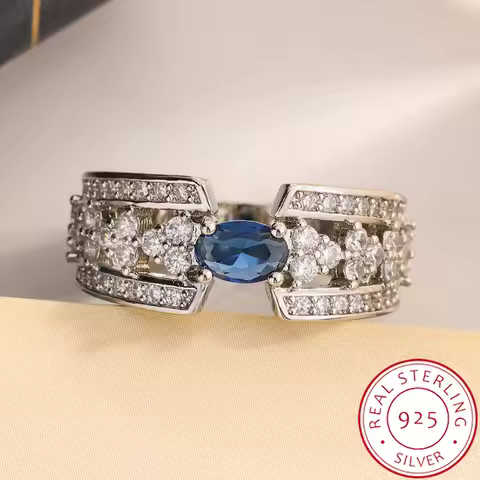 High Quality S925 Silver Ring for Women Big Blue Stone Diamond Gemstone Emerald Tourmaline Pariba Jewelry Wedding Rings