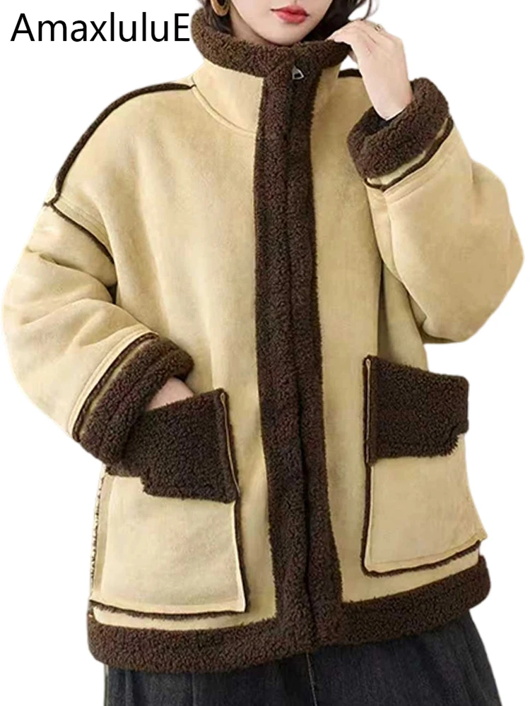Amax lulue 2025 moda elegante casacos de camurça de pele feminina solta vintage casual jaquetas quentes senhoras clássico coreano engrossar outerwear