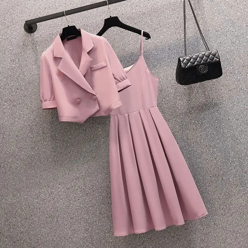 2024 Summer New Fat Sister Style Covering Belly and Slimming Suit Top with Hanging Strap Dress Two Piece Set for Women