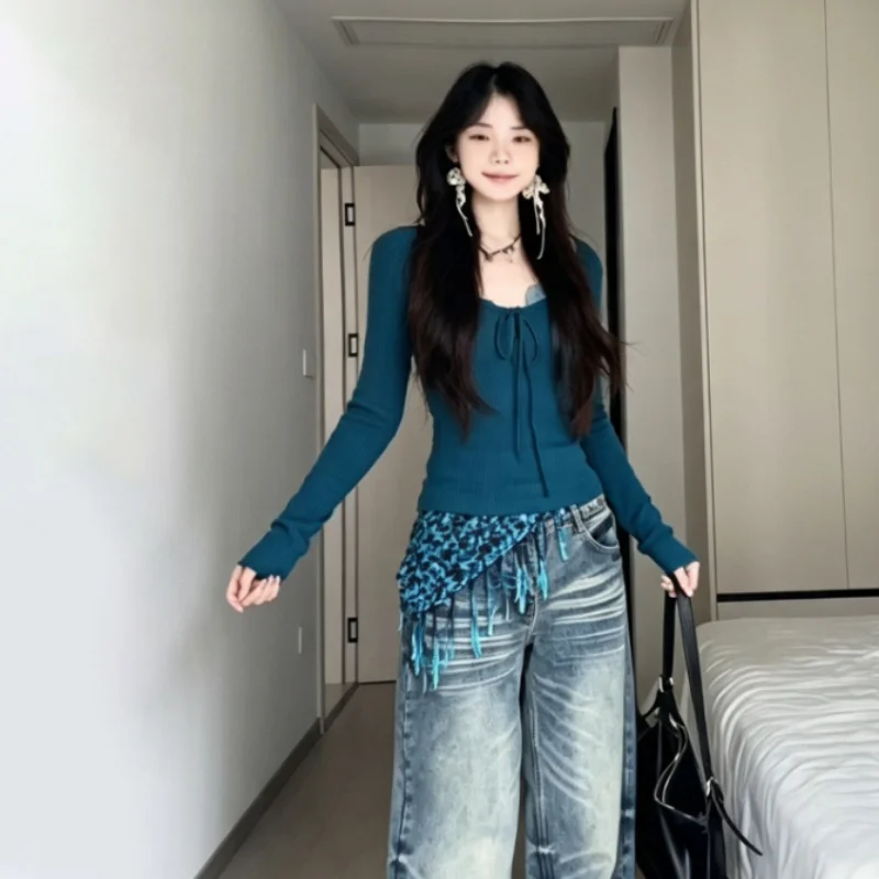 Retro American Lake Blue V-neck T-shirt Women's Long Sleeve Belted Slimming Top Trendy Simple Match All Autumn New Arrival