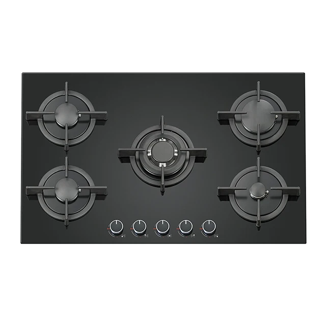 

77cm Built In Gas Cooktop 5 Burners Black Glass Battery Ignition Gas Stove Top