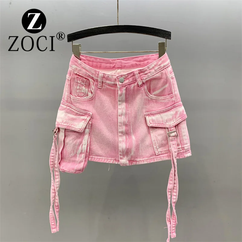 ZOCI-Jupe courte en denim à grandes poches pour filles, vêtements de travail en trois dimensions, design d'été, fouet, niche, rose, ligne A, hanche