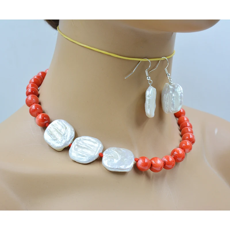 The last 10mm natural coral. Giant Baroque Pearl Necklace Earring Set 18”