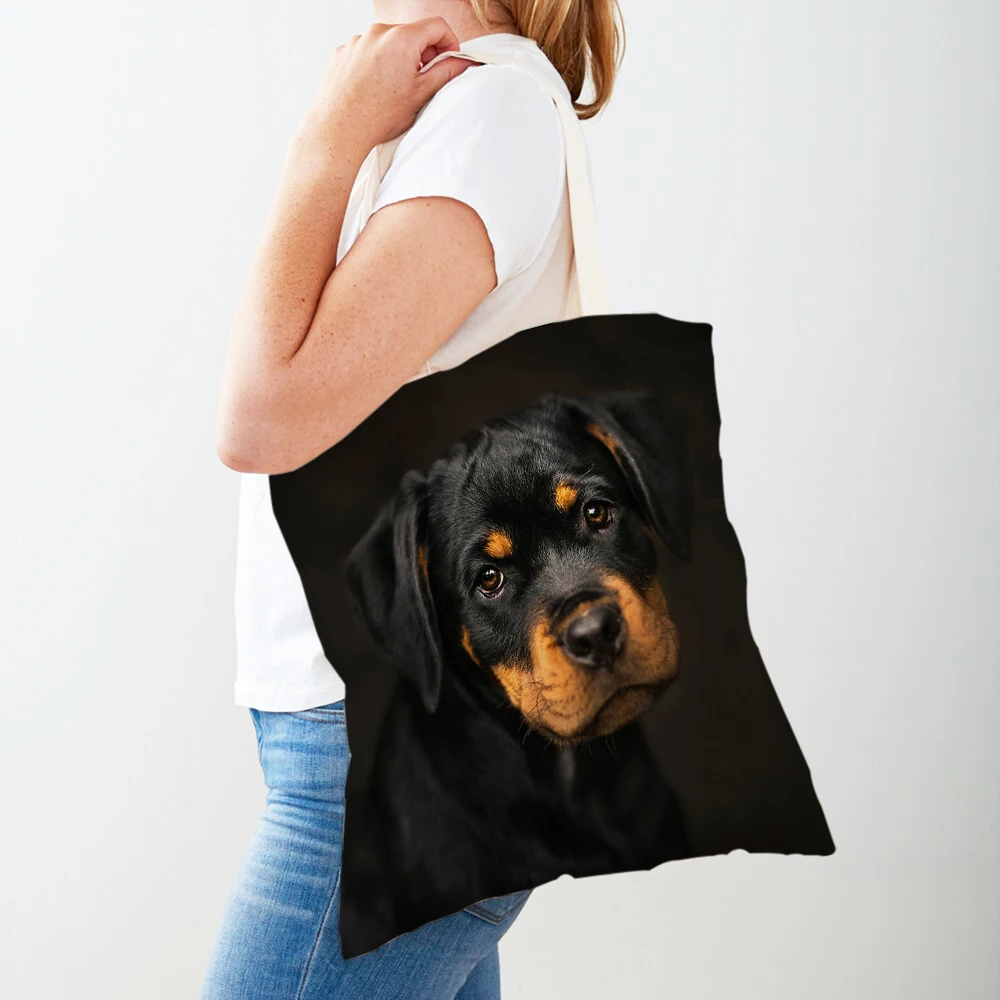 Brave Rottweiler พิมพ์กระเป๋านักช้อปสุนัขสัตว์น่ารัก Lady Canvas Tote กระเป๋าถือนํากลับมาใช้ใหม่ทั้งสองด้าน Casual Shopping Bag สําหรับผู้หญิง