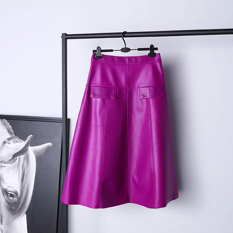 Leather skirts Autumn and Winter Orchid Purple High Waist Big Swing Bag Cover Lambskin Casual Versatile Knee-Length Jupe Femme