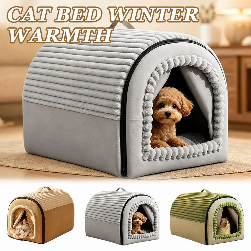 Winter Warm Enclosed Cat Bed Cave House with Curtain Portable Pet Tent Nest for Small Dogs Kittens Pet Hut with Handle