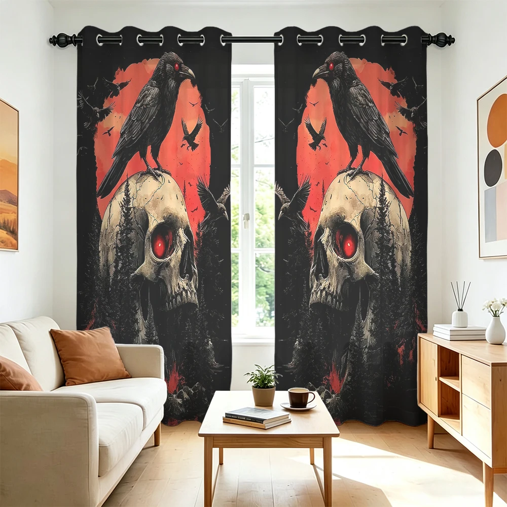 2pcs Gothic Skull Red Moon Crow Double Sided Grommet Curtains Blackout Privacy Window Curtain For Bedroom Living Room Hallowe