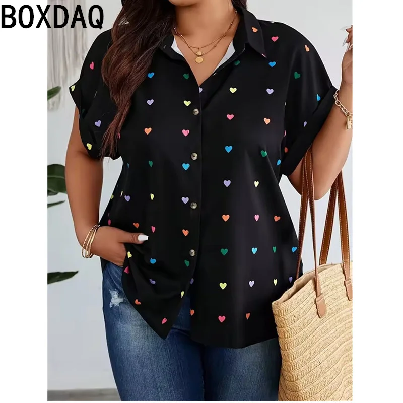 

Women's Summer Shirt 3D Fashion Heart-Print Cute Lady Shirt Hawaii Beach Vacation Casual Top Women Plus-Size Lapel Button Shirt