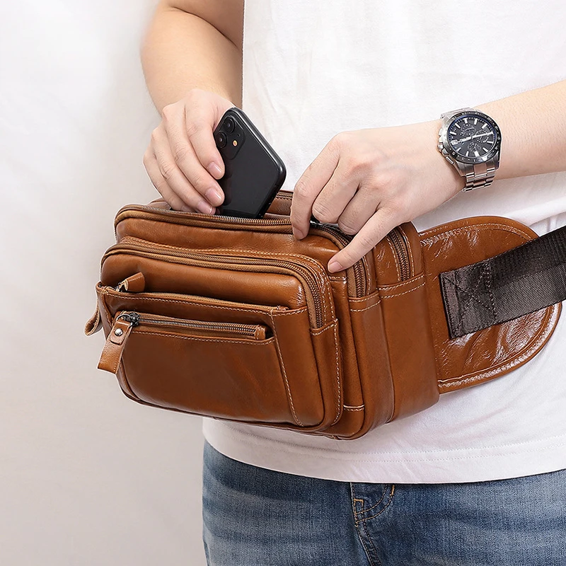 Multi-functional genuine leather waist bag, crossbody bag with multiple pockets, genuine leather men's crossbody bag, waist bag