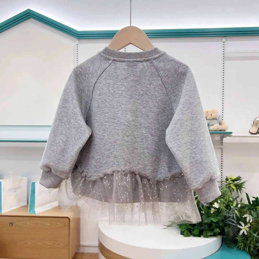 Girls Sweatshirt 2026 Spring Autumn New Sweet Bow Knot Mesh Long Sleeve Top Kids Cute Round Neck Shirt