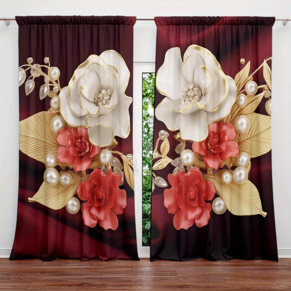 Luxurious Floral Curtain Panels Red Burgundy Gold Decorative Drapes for Living Room Bedroom Opulent Romantic Window Curtains