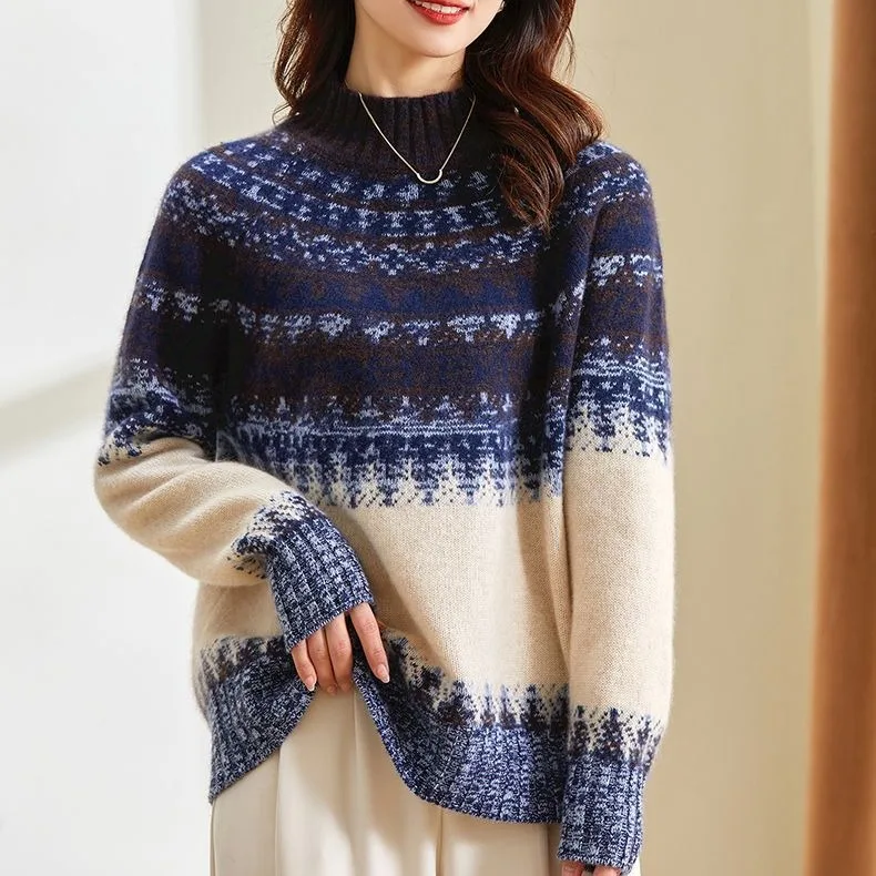 Suéter de Punto Estilo Otoño Invierno, Color Azul y Blanco Porcelana, Hoado, Cubre el Abdomen, Adeazante, Capa Base, Mang...