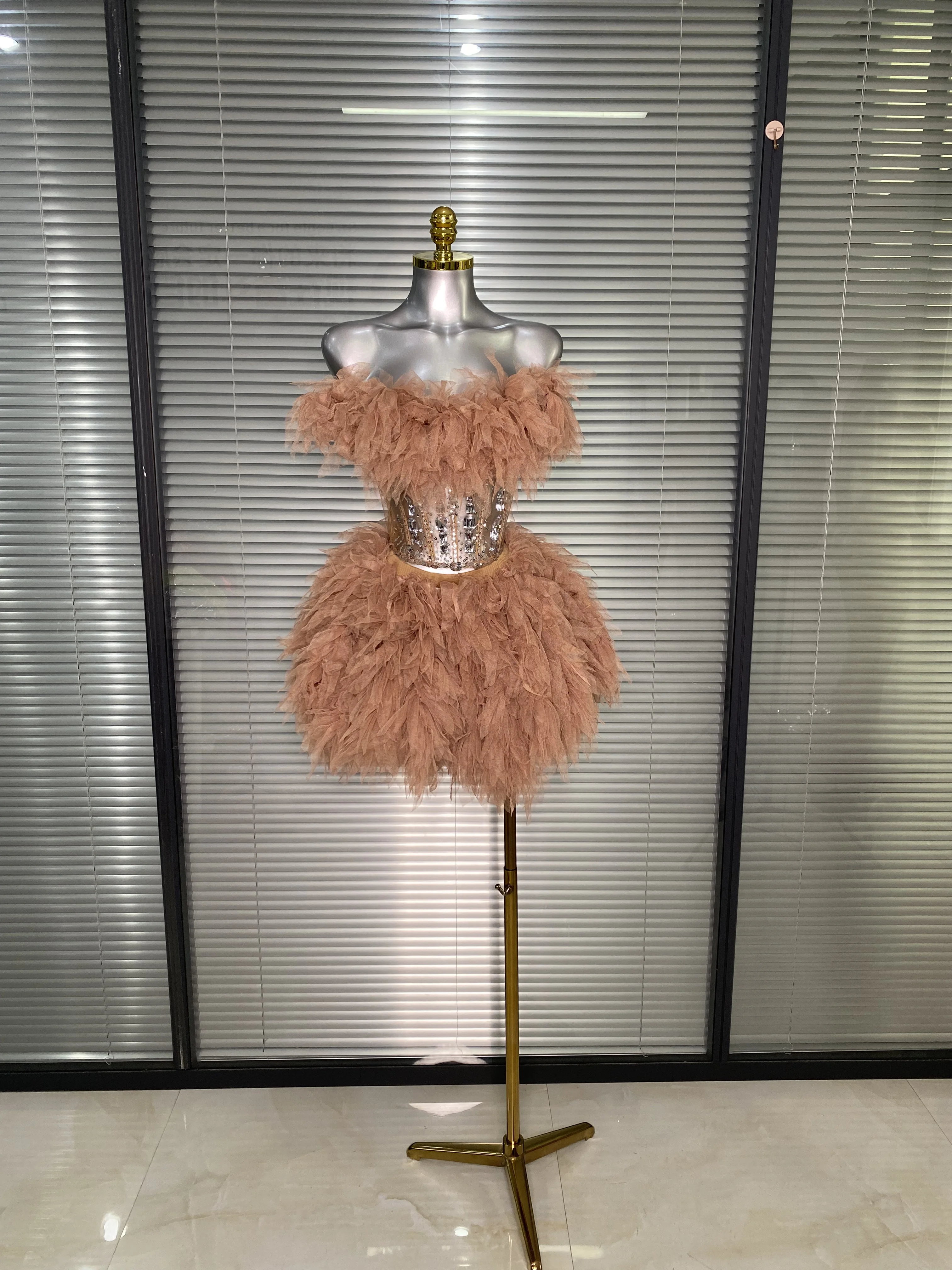 Feminino sexy cristal marrom duas peças conjunto brilhante night club saia ternos cantor dançarino palco desempenho traje