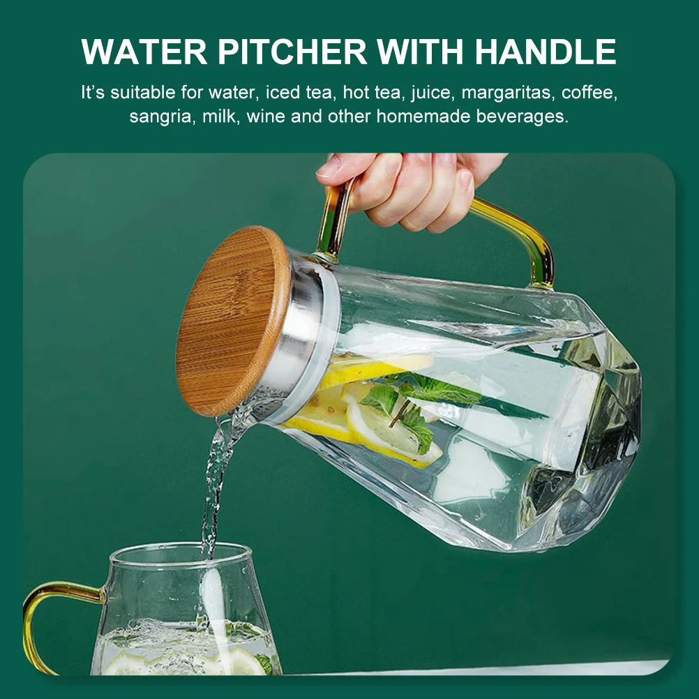 

Glass Pitcher Cold Water Jug Large Capacity Tea Kettle Bamboo Handle Easy Clean Wide Mouth Anti Drip Rubber Lid Tight Close