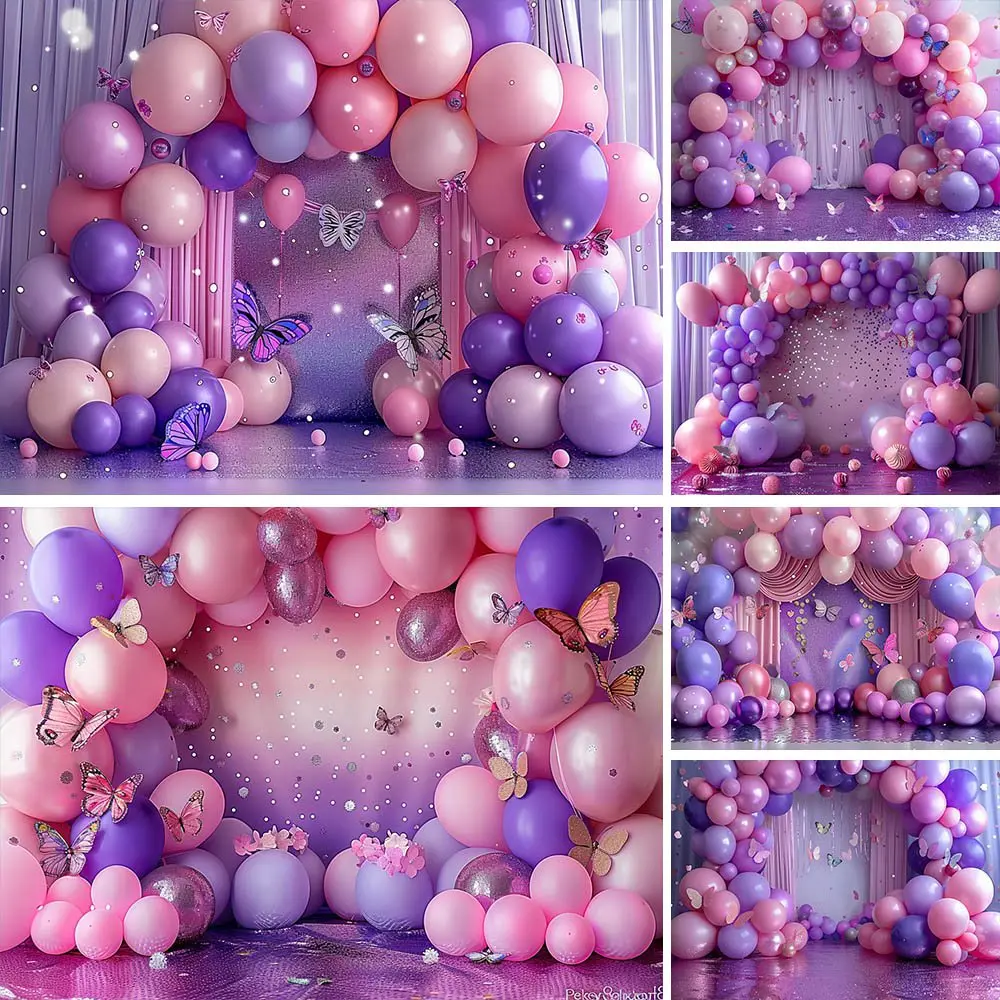 

Mocsicka Girls Photo Background Butterfly Purple Pink Arch Balloon Baby Cake Smash Party Backdrop Photography Photo Studio Props