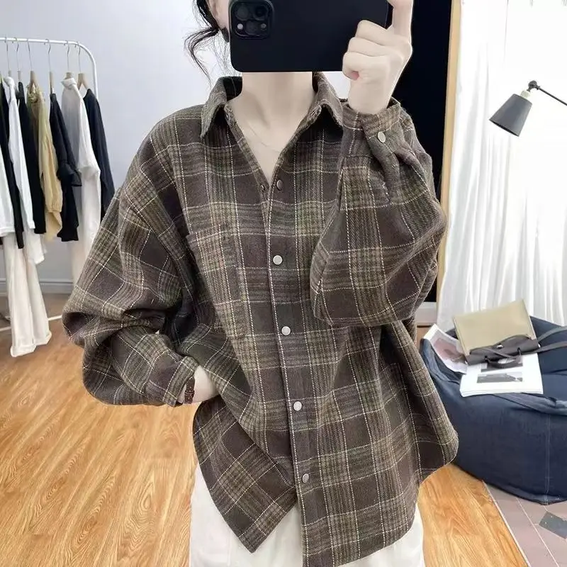 Spring and Autumn New Plush Thickened Shirt Women\'s Outerwear Western Style Checkered Shirt Arctic Plush Shirt