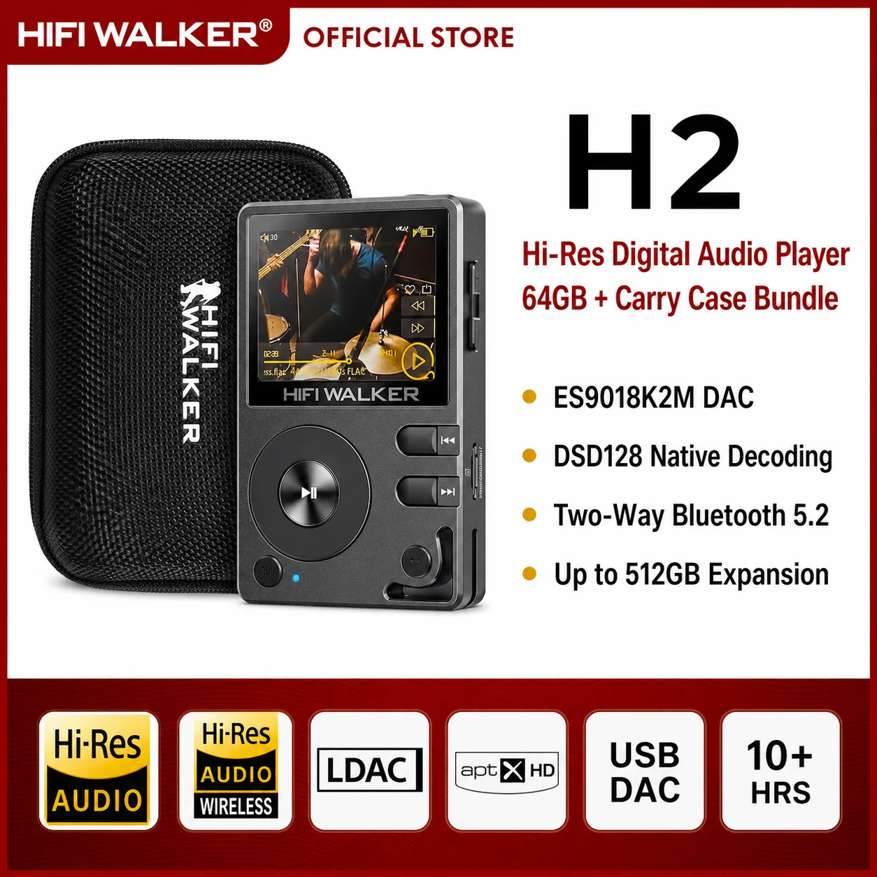 HiFi Walker H2 Digital Music Player MP3 with ESS9218 Chip, Bluetooth 5.2, DSD,USB DAC,Lossless Flac, 64G up to 512G 12H Playback