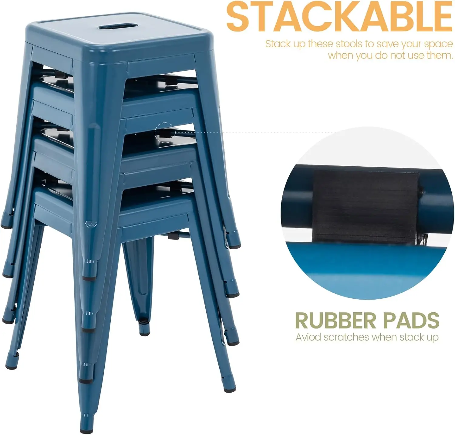 Living 18 Inch Industrial Metal Stools Set of 4, Stackable Classroom Stools, Backless Metal Dining Chairs for Indoor Outdo