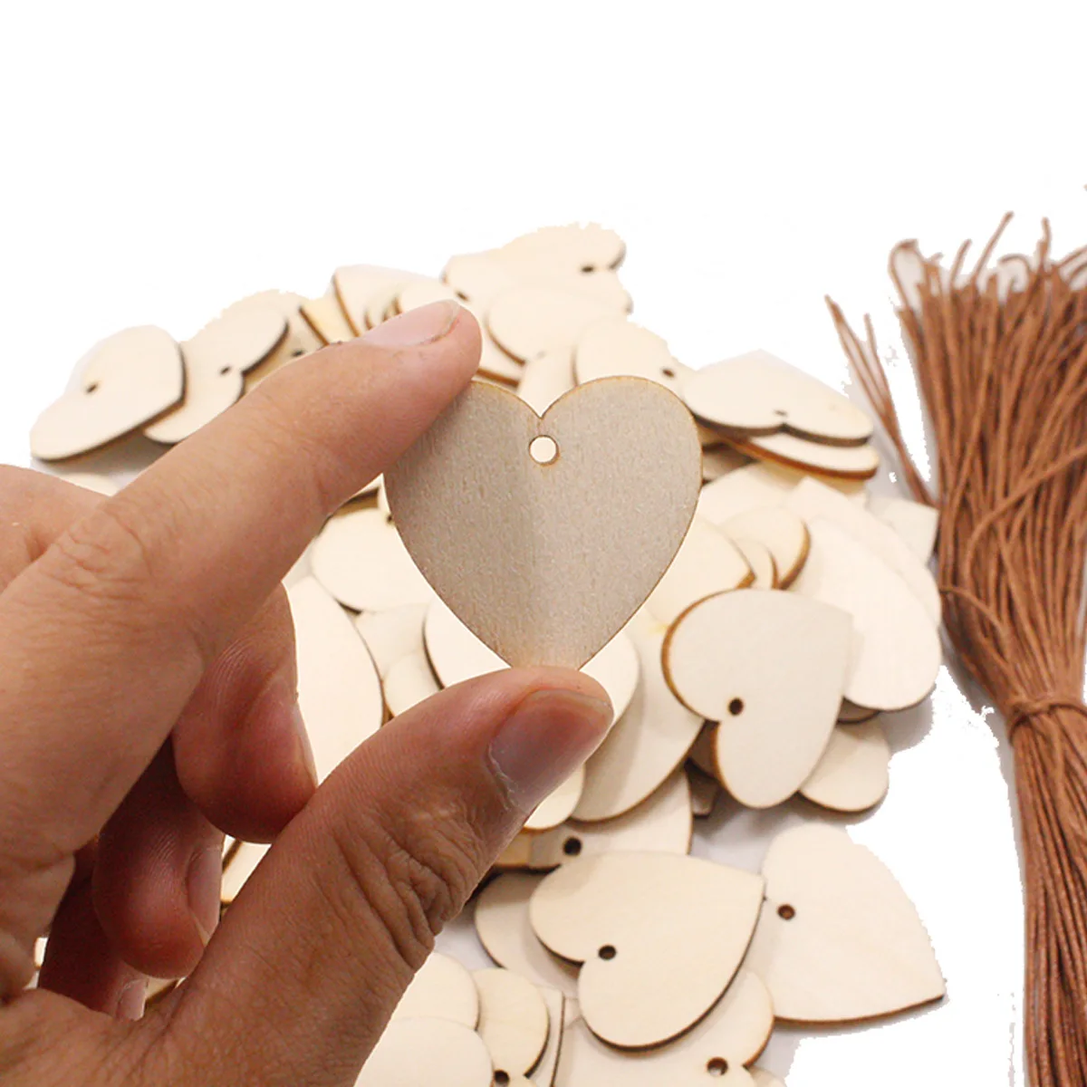 50pcs Unfinished Wooden Heart Slices Blank Wood Heart with Holes Wood Slices Embellishments Ornaments for Wedding Party Decor