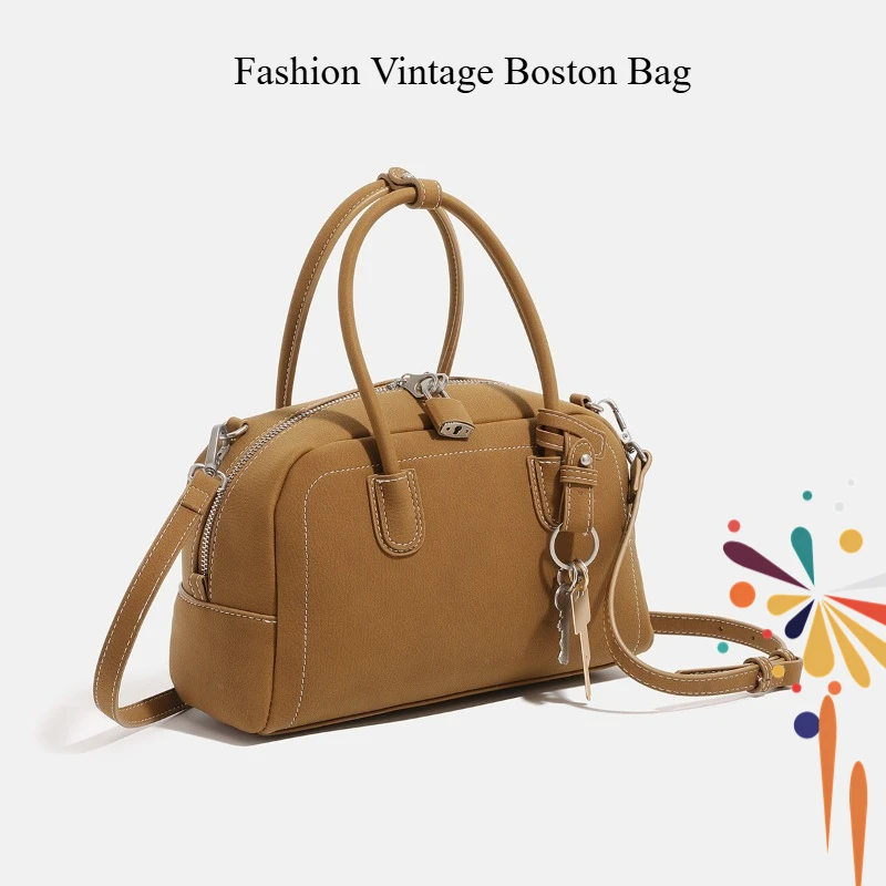 

Fashionable suede retro Boston bag with silver strap lock key for autumn and winter commuting,hand-held bowling bag shoulder bag