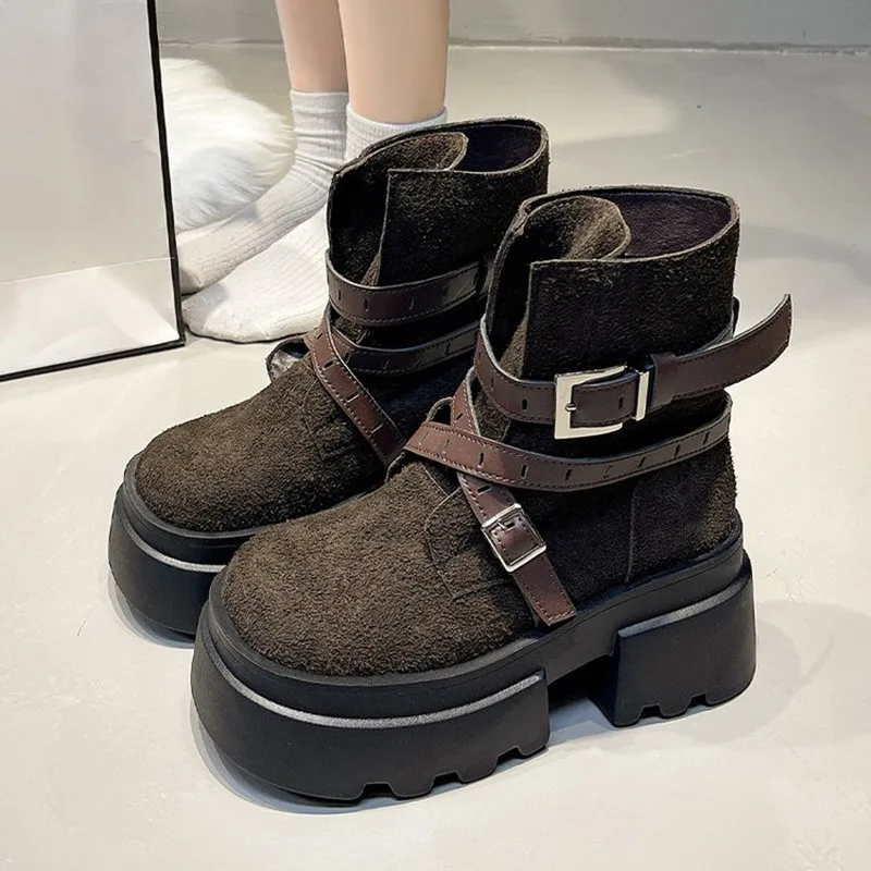 

NEW Fashion Women's Classic Casual Mid Calf Boots Leather Boots Woman Thick Sole Round Toe Square Heels Knight Short Boots Woman