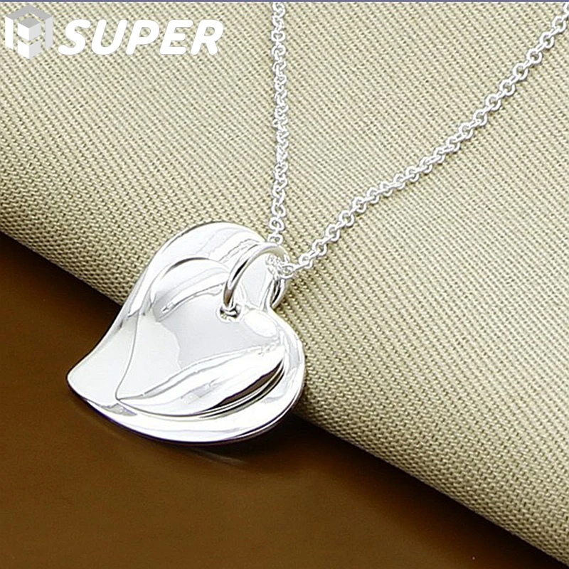 

925 Sterling Silver 18 Inch Chain Double Heart Pendant Necklace For Women Wedding Fashion Charm Jewelry Christmas Gifts