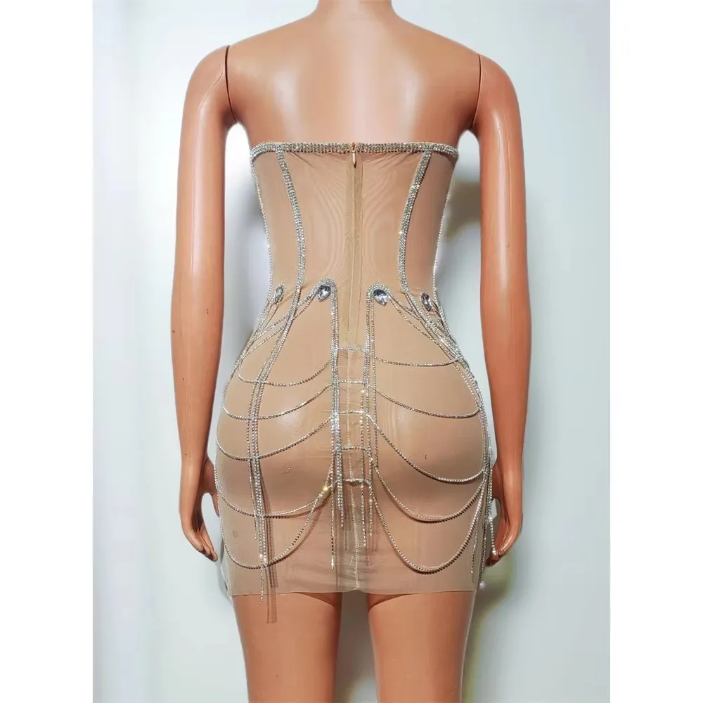 Luxe Strass Kettingen Strapless Korte Jurk Sexy Transparante Prom Celebrity Verjaardag Nachtclub Fotoshoot Kostuum Vrouwen
