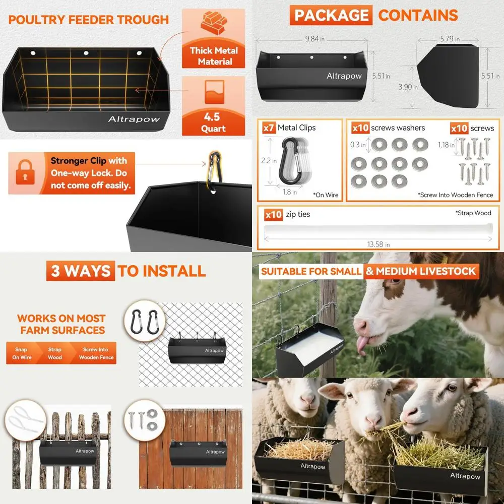 

2-Pack 4.5 Quart Hanging Feeder with Metal Material, Clips, and Nylon Ties for Goats, Pigs, and Dogs, Black, Durable