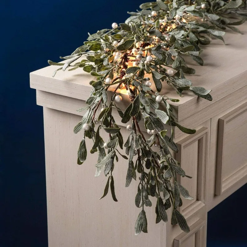 

Lighted Frosted Mistletoe Garland 6 Ft Battery Operated 100 LED Timer Spring Pearl Beads Farmhouse Table Decor