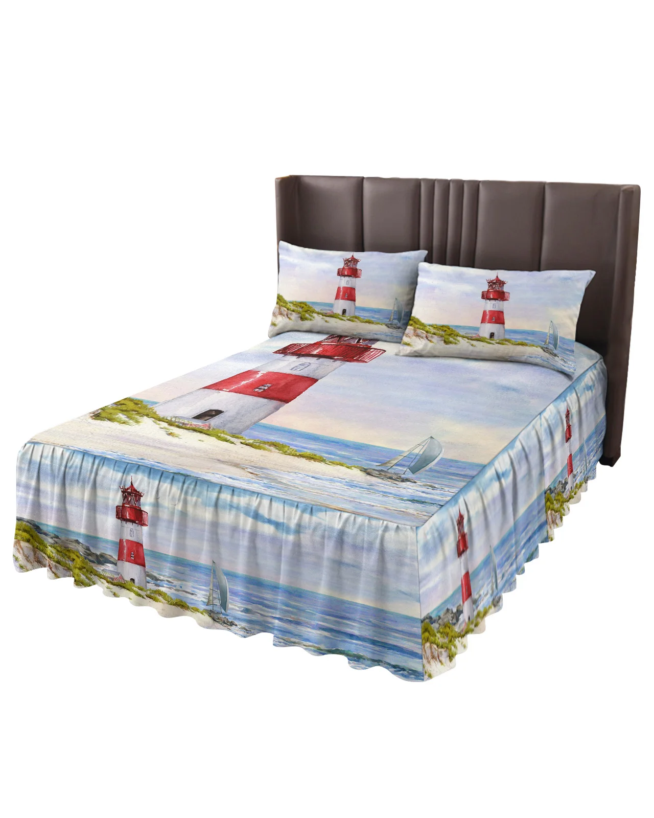 Lighthouse Island Vintage Watercolor Bed Skirt Elastic Fitted Bedspread With Pillowcases Mattress Cover Bedding Set Bed Sheet