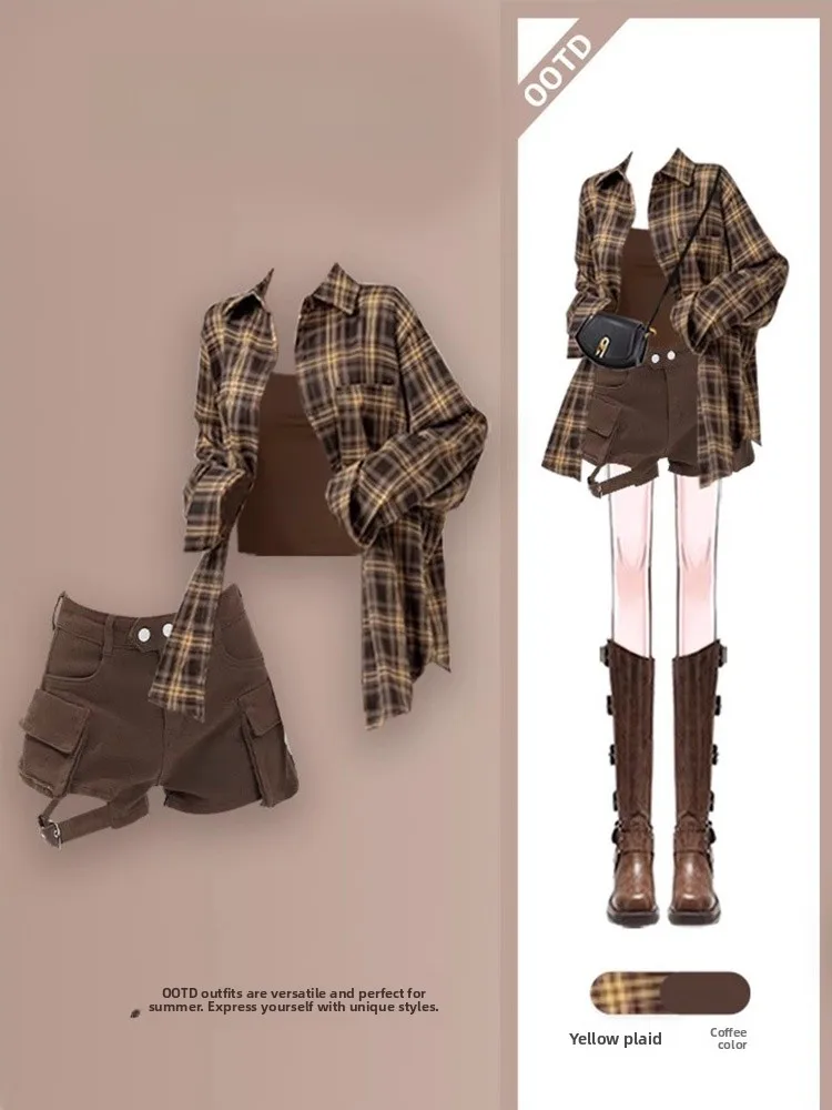 

Летний комплект моев больших размеров, женский клетчатый комплект с защитой от солнца, дизайн с ремешком для похудения, джинсовый комплект футболок, винтажный комплект