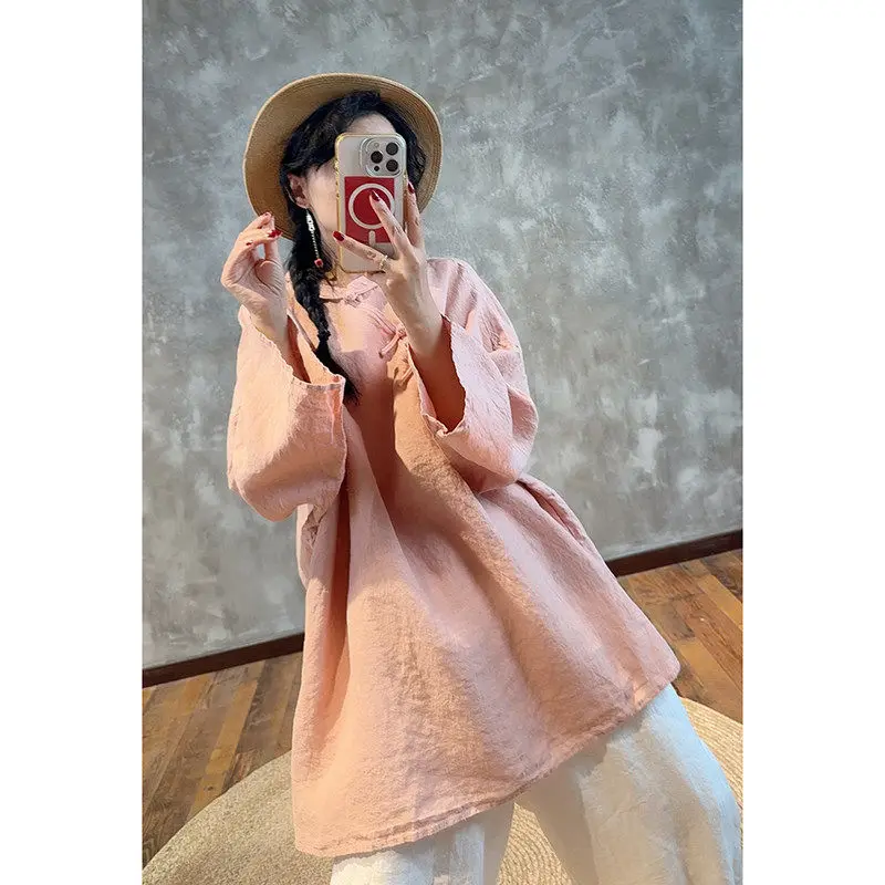 

Pink Cotton Linen Shirt for Women 2026 Summer New Frog Casual Loose Long Sleeve Tops Solid Color Good-looking O-neck Coat