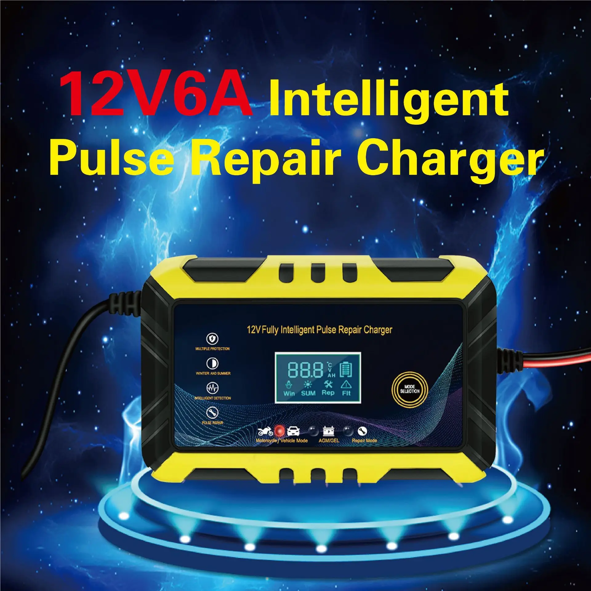 6A 12V Intelligent Car Battery Charger Car and Motorcycle Battery Charging Unit Lead-Acid Battery Repair LCD Display